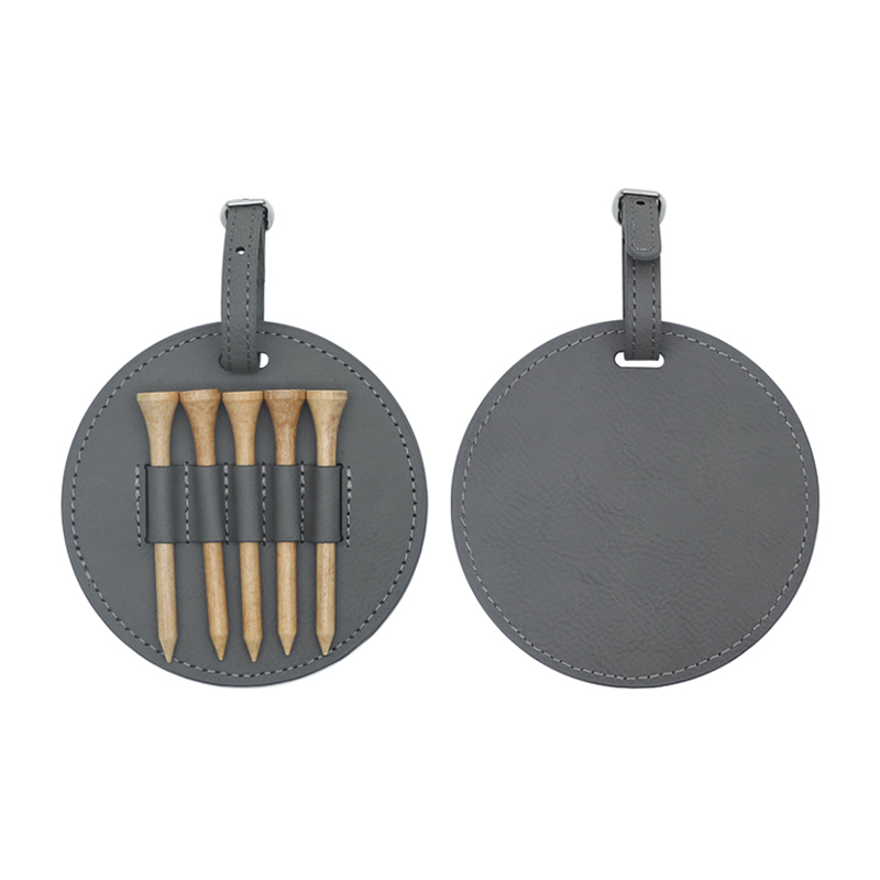 Laserable Leatherette Round Golf Bag Tag na may 5 Wooden Tee