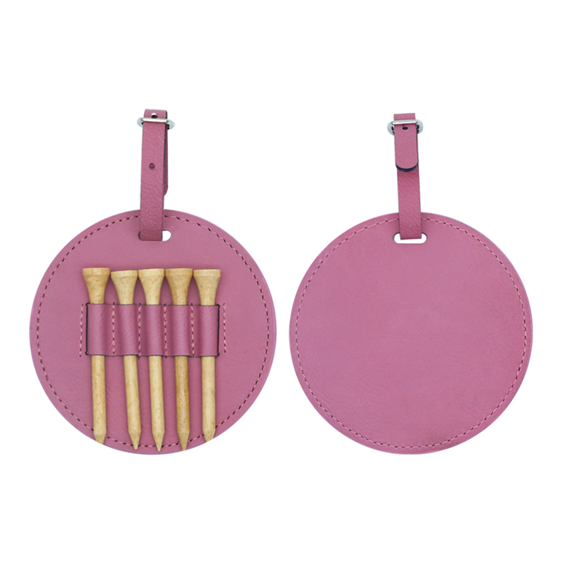 Laserable Leatherette Round Golf Bag Tag na may 5 Wooden Tee