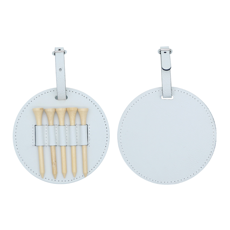 Laserable Leatherette Round Golf Bag Tag na may 5 Wooden Tee