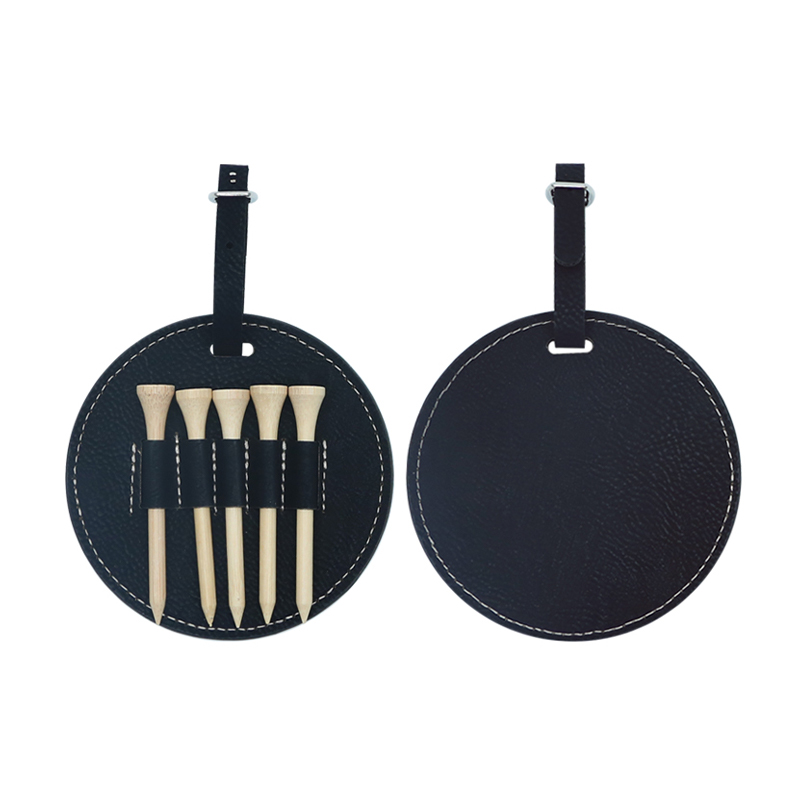 Laserable Leatherette Round Golf Bag Tag na may 5 Wooden Tee