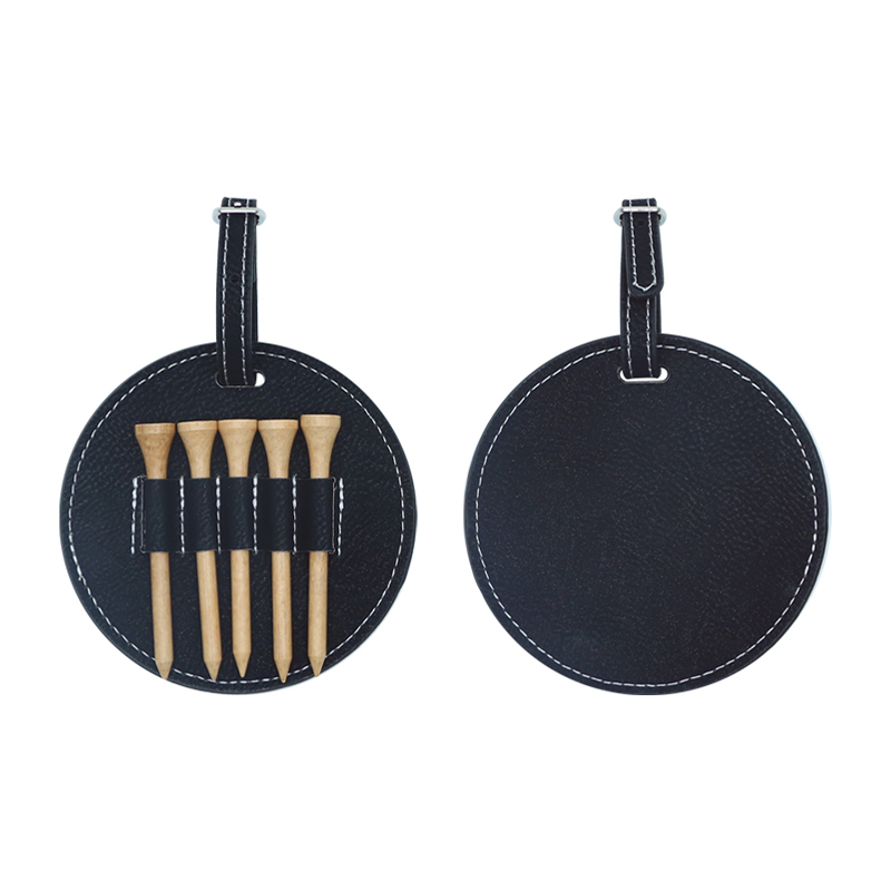 Laserable Leatherette Round Golf Bag Tag na may 5 Wooden Tee