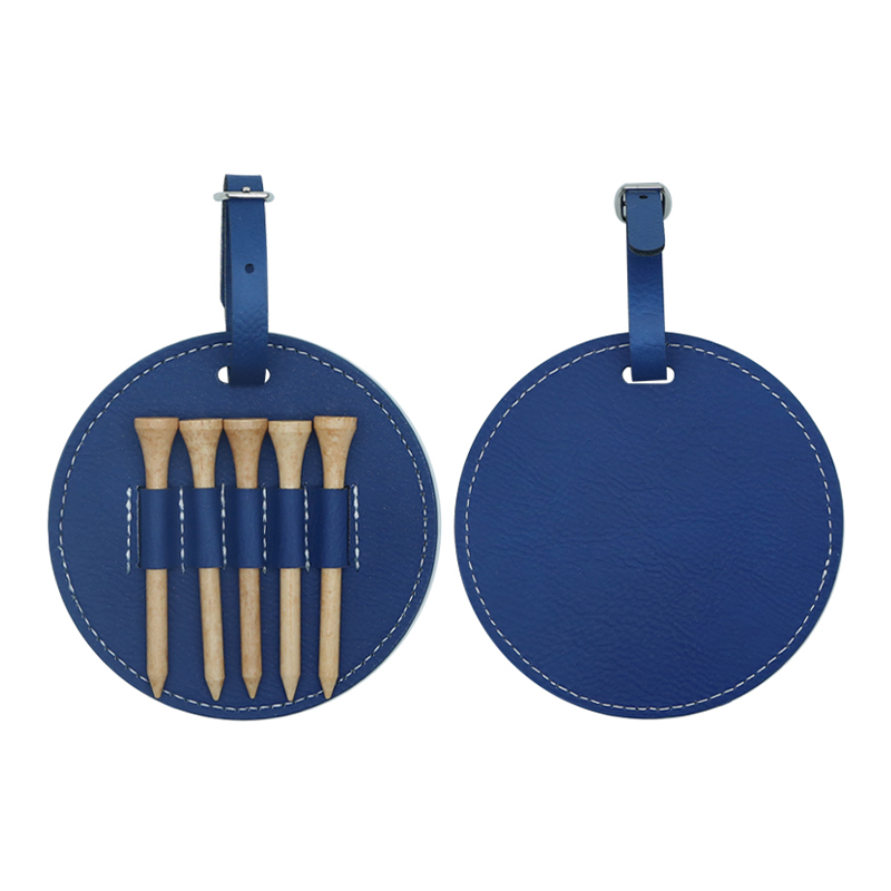 Laserable Leatherette Round Golf Bag Tag na may 5 Wooden Tee