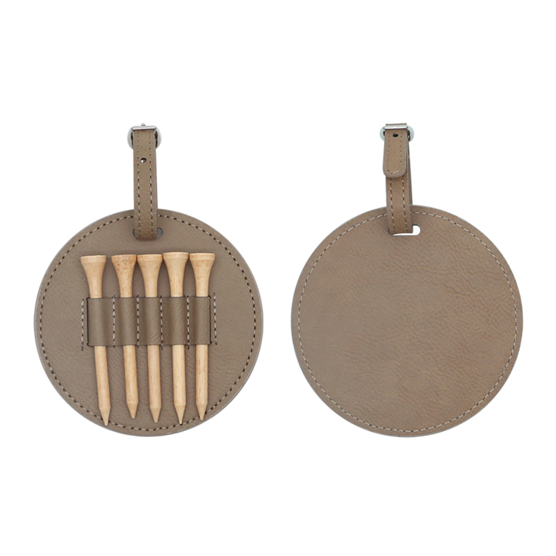 Laserable Leatherette Round Golf Bag Tag na may 5 Wooden Tee
