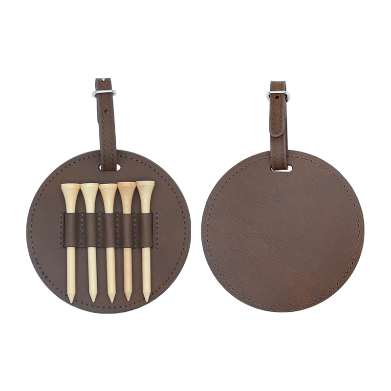Laserable Leatherette Round Golf Bag Tag na may 5 Wooden Tee