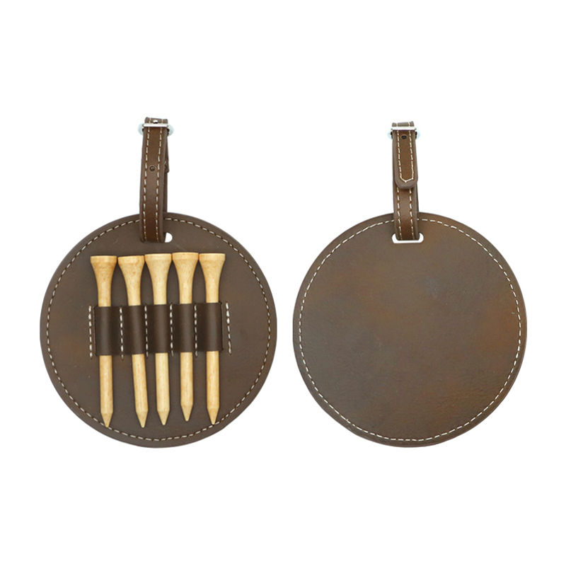 Laserable Leatherette Round Golf Bag Tag na may 5 Wooden Tee