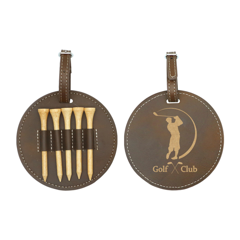 Laserable Leatherette Round Golf Bag Tag na may 5 Wooden Tee