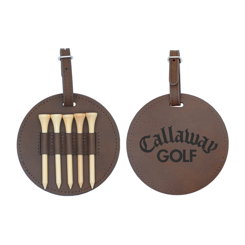 Laserable Leatherette Round Golf Bag Tag na may 5 Wooden Tee