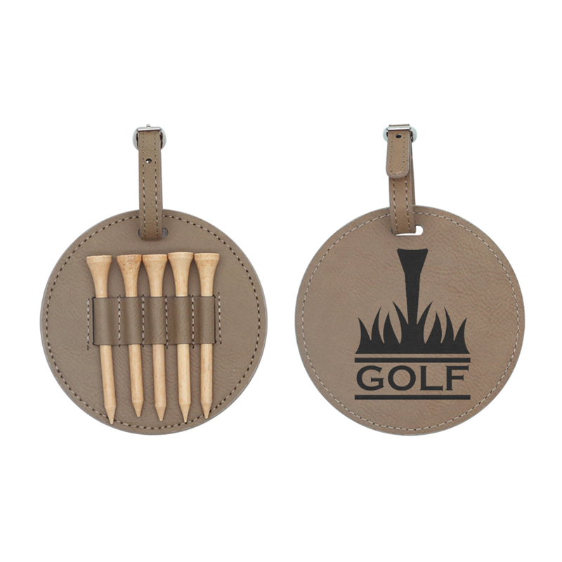 Laserable Leatherette Round Golf Bag Tag na may 5 Wooden Tee