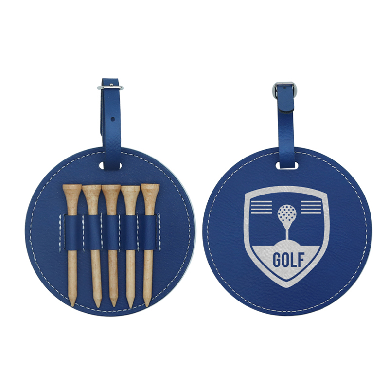 Laserable Leatherette Round Golf Bag Tag na may 5 Wooden Tee
