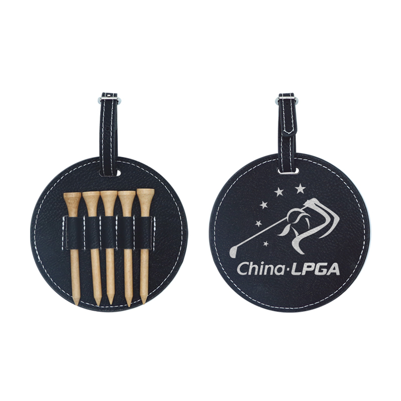 Laserable Leatherette Round Golf Bag Tag na may 5 Wooden Tee