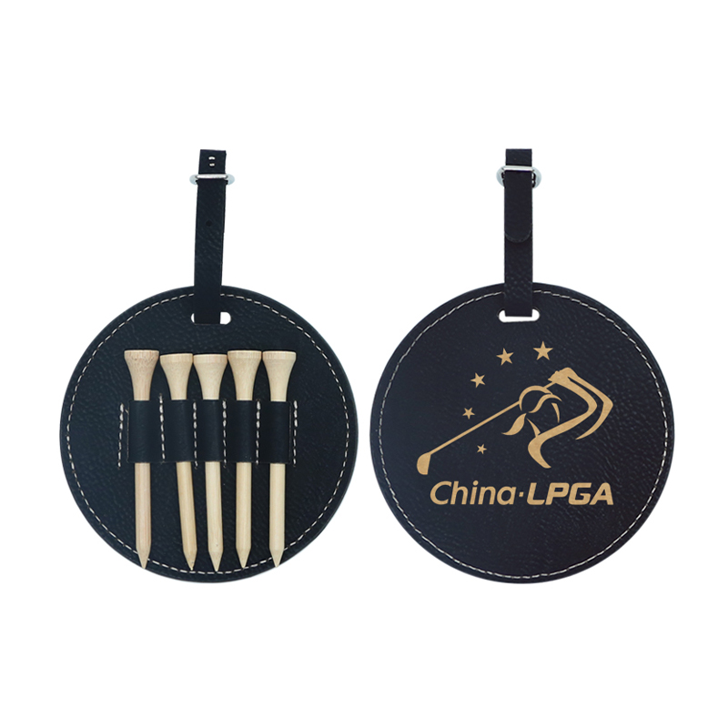 Laserable Leatherette Round Golf Bag Tag na may 5 Wooden Tee