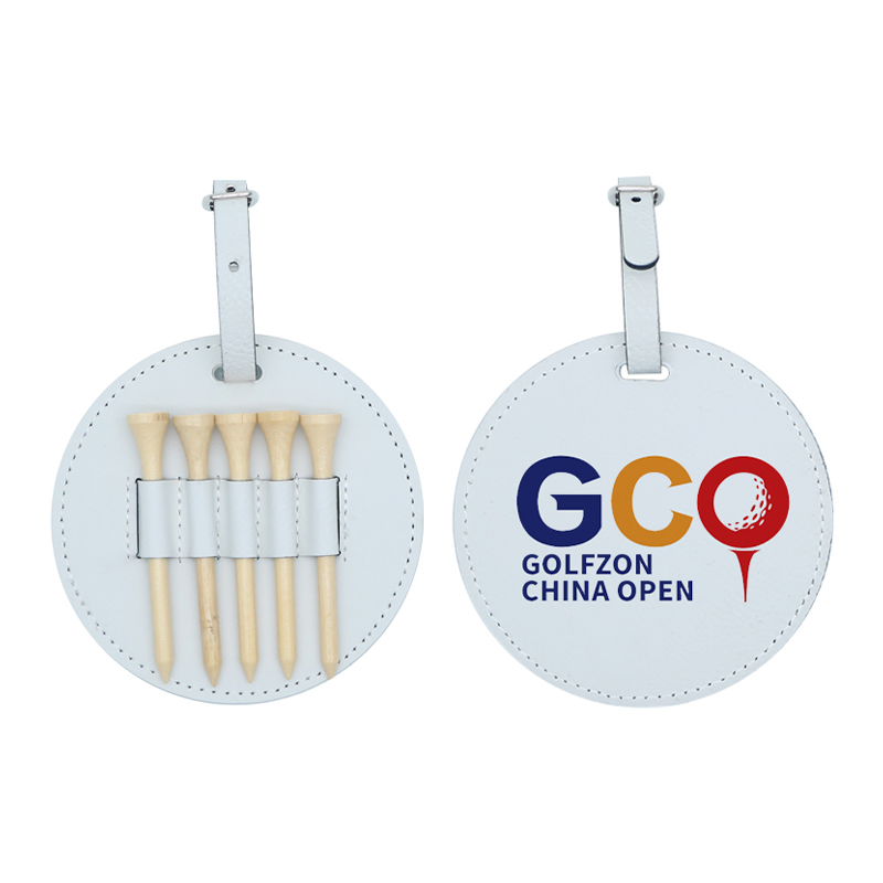 Laserable Leatherette Round Golf Bag Tag na may 5 Wooden Tee