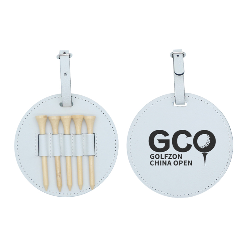Laserable Leatherette Round Golf Bag Tag na may 5 Wooden Tee
