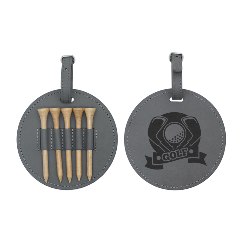 Laserable Leatherette Round Golf Bag Tag na may 5 Wooden Tee