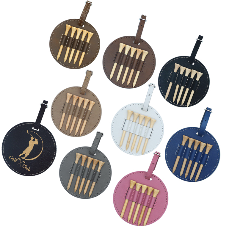 Laserable Leatherette Round Golf Bag Tag na may 5 Wooden Tee