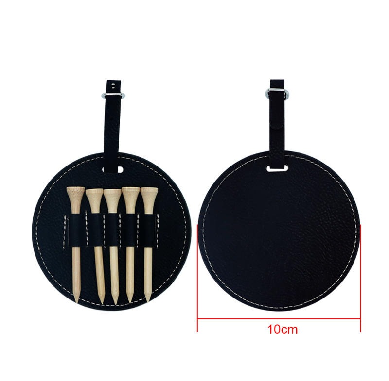 Laserable Leatherette Round Golf Bag Tag na may 5 Wooden Tee